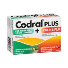 Codral Plus Duo Relief Sorethroat Lozenges Lime & Lemon Flavour 16 Pack + Codral Cold & Flu Tablets 20 Pack