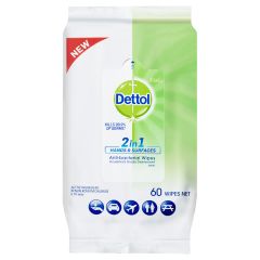 Dettol 2 In 1 Hands & Surfaces Anti-Bacterial Wipes 60 Wipes