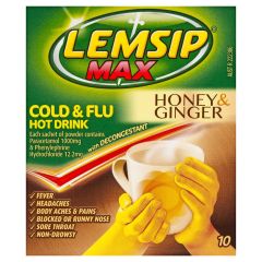 Lemsip Max Cold & Flu Drink With Decongestant, Honey & Ginger 10 Pack