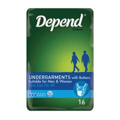 Depend Undergarments With Buttons, Unisex, One Size Fits All, 16 Pack