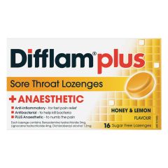 Difflam Plus Anaesthetic Sore Throat Lozenges Honey & Lemon Flavour 16 Lozenges