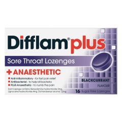 Difflam Plus Anaesthetic Sore Throat Lozenges Blackcurrant Flavour 16 Lozenges