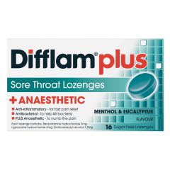 Difflam Plus Anaesthetic Sore Throat Lozenges Eucalyptus & Menthol Flavour 16 Lozenges