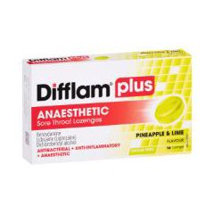 Difflam Plus Anaesthetic Sore Throat Lozenges Pineapple & Lime Flavour 16 Lozenges