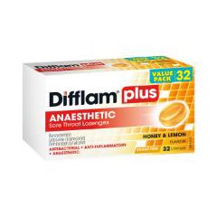 Difflam Plus Anaesthetic Sore Throat Lozenges Honey & Lemon Flavour 32 Lozenges
