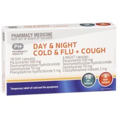 Pharmacy Health Day & Night Cold & Flu + Cough 24 Capsules (Paracetamol, Dextromethorphan,)