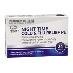 Pharmacy Health Night Time Cold & Flu Pe 24 Tablets (Paracetamol, Phenylephrine, Ch)