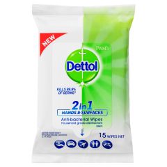 Dettol 2 In 1 Hands & Surfaces Anti-Bacterial Wipes 15 Wipes