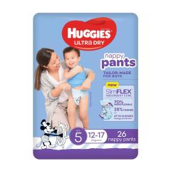 Huggies Ultra Dry Nappy Pants Boys Size 5 (12-17Kg) 26 Pack