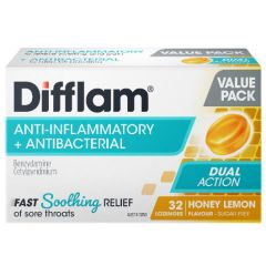 Difflam Sore Throat Lozengedual Action Honey & Lemon Flavour Value Pack 32 Lozenges