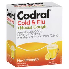 Codral Relief Max Cold & Flu & Mucus Cough Hot Drink Lemon 10 Pack