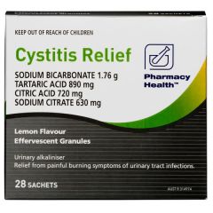 Pharmacy Health Cystitis Relief 28 Sachets Lemon Effervescent Granules Urinary Alkaliniser (Sodium Bicarbonate, Tartaric A)