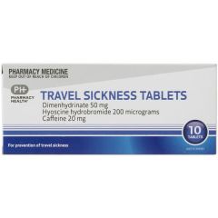 Pharmacy Health Travel Sickness Tablets 10 Tablets Dimenhydrinate 50mg Hyoscine Hydrobromide Caffeine