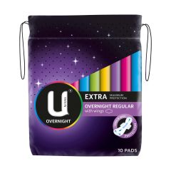 U By Kotex Extra Overnight Pads with Wings 10 Pack