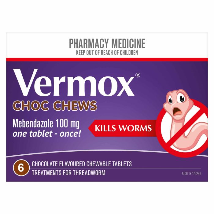 Vermox Worming Treatment Chocolate Chews 6 Tablets