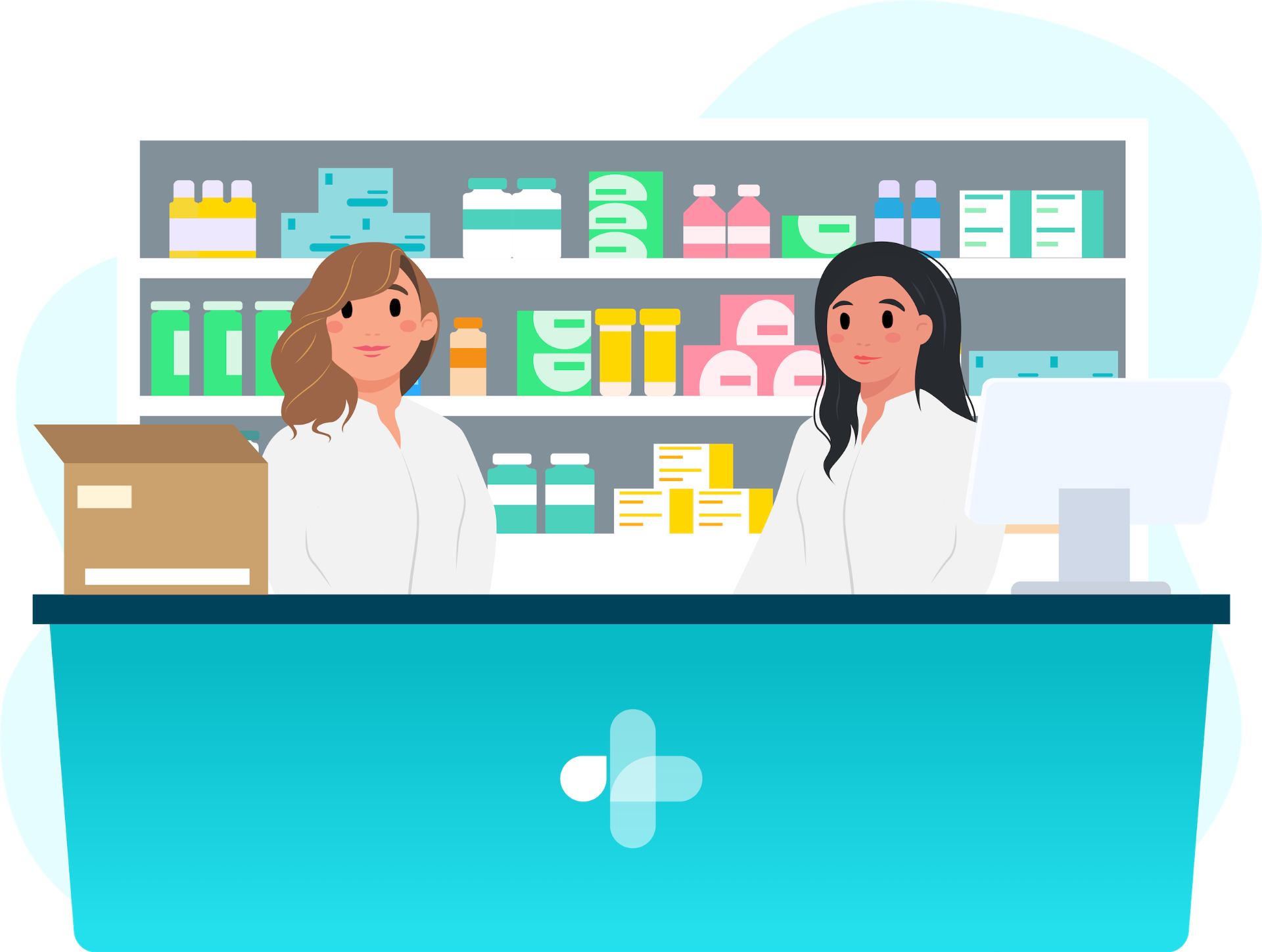 Animated graphic of two female Pharmacists standing behind a counter